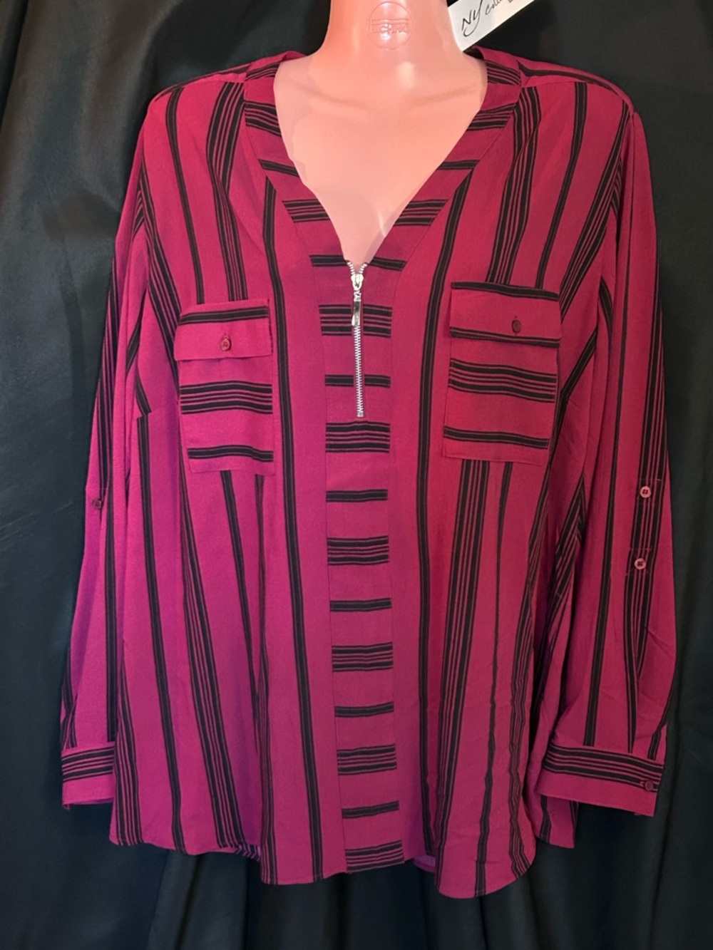 NY Collection Women’s Magenta Striped Zip-Front Lightweight Blouse 2XL NWT